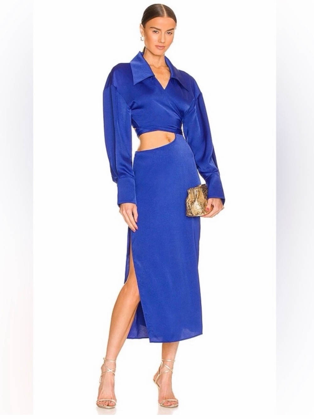 Ronny Kobo Women’s Ranell Collared Long Sleeve Royal Blue Wrap Cutout Midi Dress